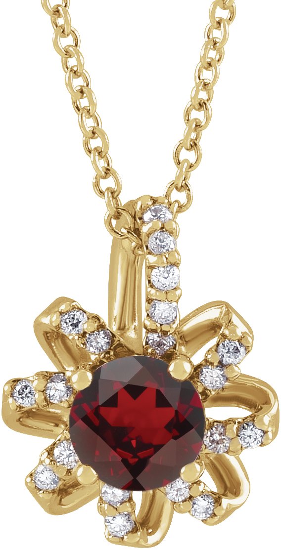14K Gold Round Natural Mozambique Garnet & Natural Diamond Halo-Style Necklace or Pendant – 0.07 CTW - Yellow Gold