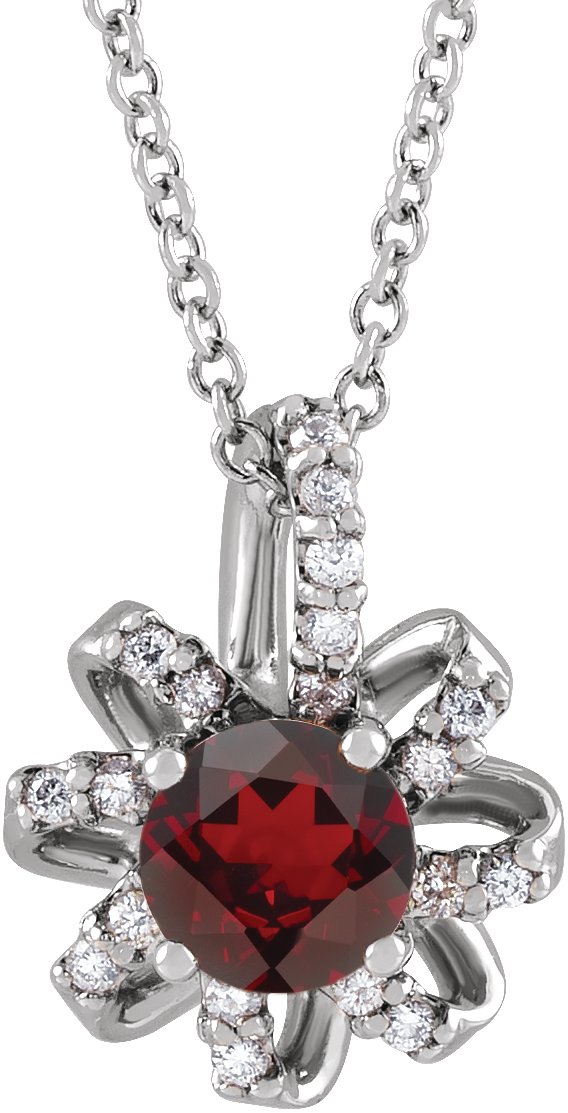 Platinum Round Natural Mozambique Garnet & Natural Diamond Halo-Style Necklace or Pendant – 0.07 CTW