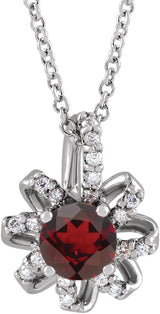 14K Gold Round Natural Mozambique Garnet & Natural Diamond Halo-Style Necklace or Pendant – 0.07 CTW - White Gold