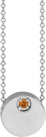 14K Gold Round Natural Citrine Engravable Disc Necklace or Slide Pendant - White Gold