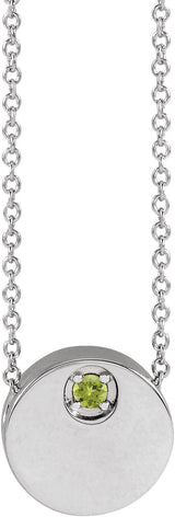 Platinum Round Natural Peridot Engravable Disc Necklace or Slide Pendant