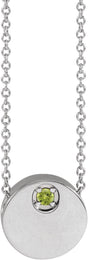 Platinum Round Natural Peridot Engravable Disc Necklace or Slide Pendant