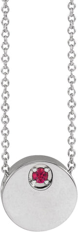 14K Gold Round Natural Ruby Engravable Disc Necklace or Slide Pendant - White Gold