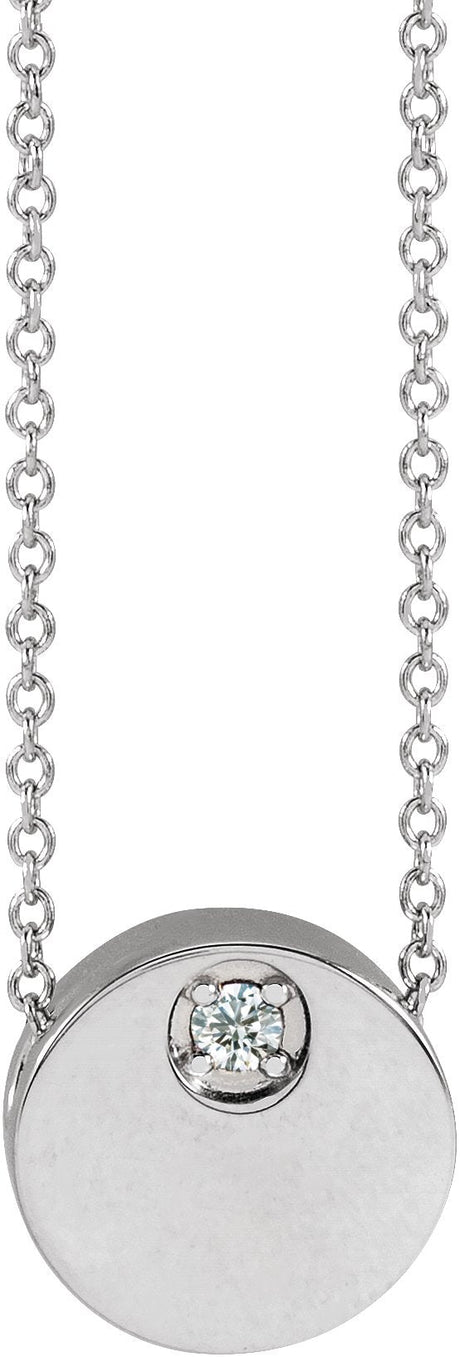 14K Gold Round Natural White Sapphire Engravable Disc Necklace or Slide Pendant - White Gold