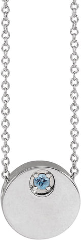 14K Gold Round Natural Aquamarine Engravable Disc Necklace or Slide Pendant - White Gold