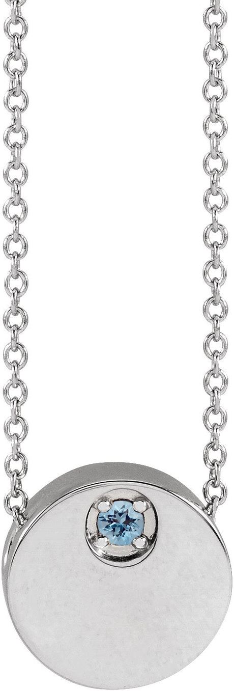 14K Gold Round Natural Aquamarine Engravable Disc Necklace or Slide Pendant - White Gold
