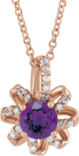 14K Gold Round Natural Amethyst & Natural Diamond Halo-Style Necklace or Pendant – 0.07 CTW - Rose Gold