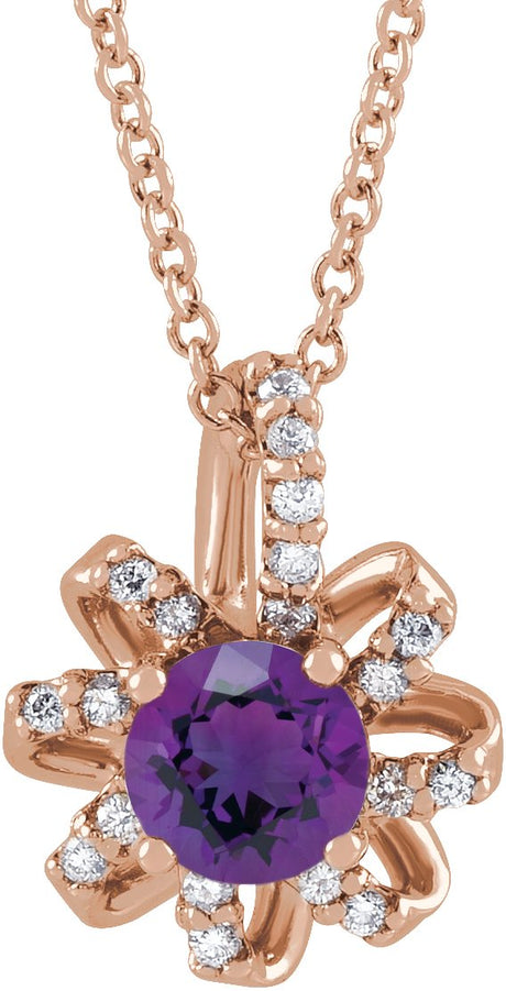 14K Gold Round Natural Amethyst & Natural Diamond Halo-Style Necklace or Pendant – 0.07 CTW - Rose Gold