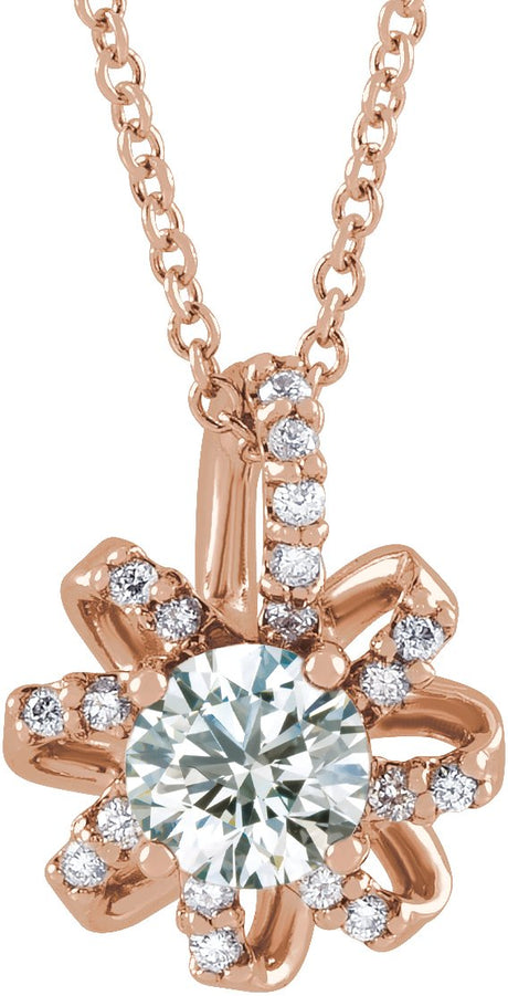 14K Gold Round Natural White Sapphire & Natural Diamond Halo-Style Necklace or Pendant – 0.07 CTW - Rose Gold