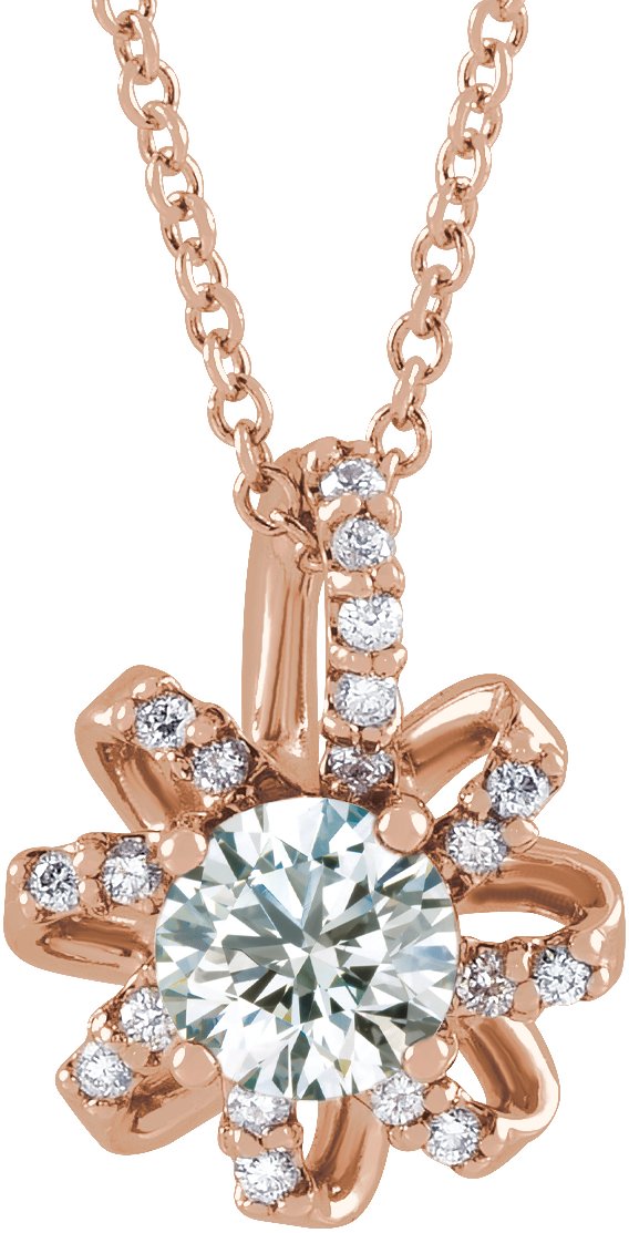 14K Gold Round Natural White Sapphire & Natural Diamond Halo-Style Necklace or Pendant – 0.07 CTW - Rose Gold