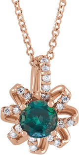 14K Gold Round Lab-Grown Alexandrite & Natural Diamond Halo-Style Necklace or Pendant – 0.07 CTW - Rose Gold