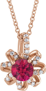 14K Gold Round Natural Ruby & Natural Diamond Halo-Style Necklace or Pendant - Rose Gold