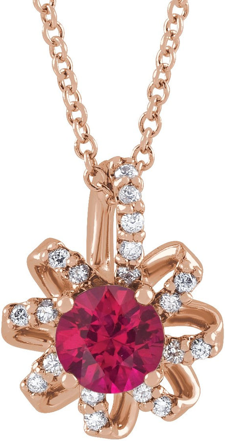 14K Gold Round Lab-Grown Ruby & Natural Diamond Halo-Style Necklace or Pendant - Rose Gold