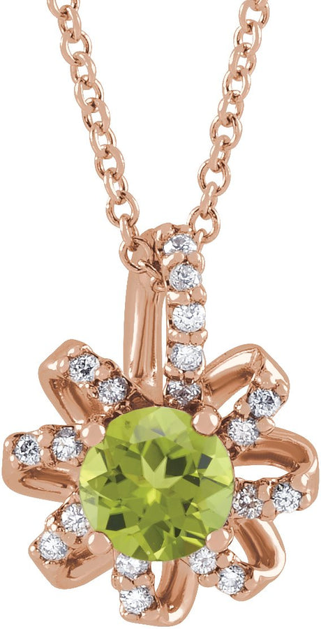14K Gold Round Natural Peridot & Natural Diamond Halo-Style Necklace or Pendant - Rose Gold