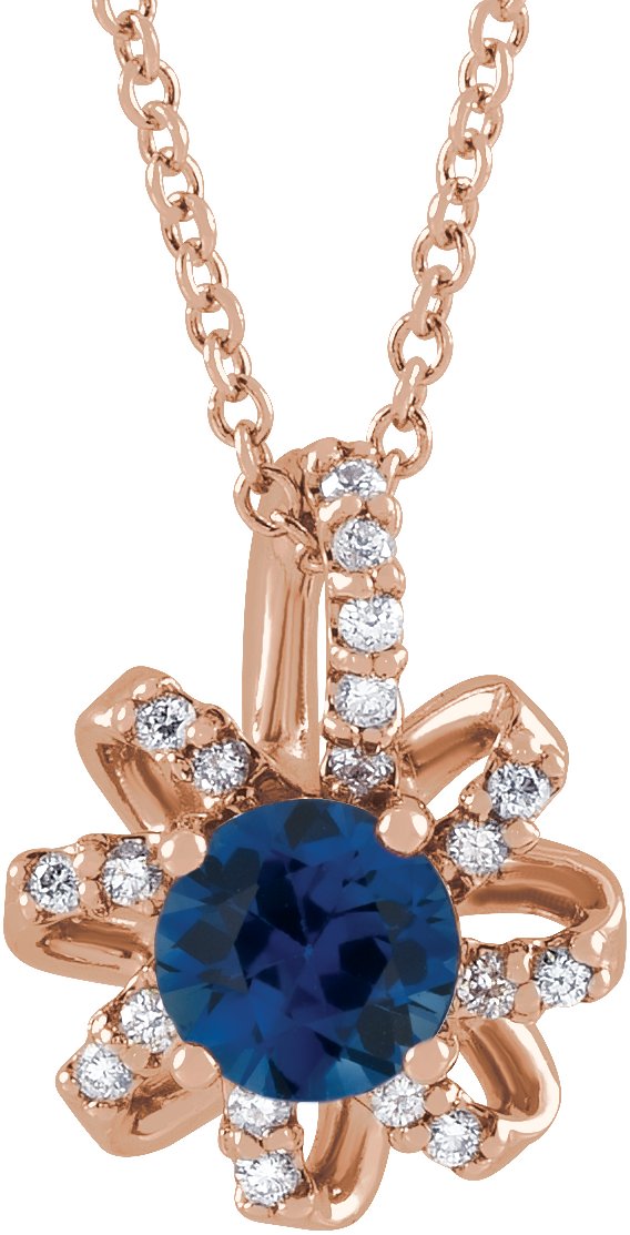 14K Gold Round Natural Blue Sapphire & Natural Diamond Halo-Style Necklace or Pendant – 0.07 CTW - Rose Gold