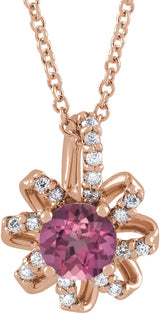 14K Gold Round Natural Pink Tourmaline & Natural Diamond Halo-Style Necklace or Pendant – 0.07 CTW - Rose Gold