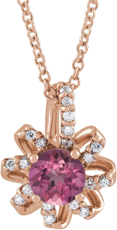 14K Gold Round Natural Pink Tourmaline & Natural Diamond Halo-Style Necklace or Pendant – 0.07 CTW - Rose Gold