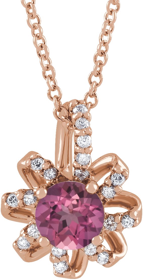 14K Gold Round Natural Pink Tourmaline & Natural Diamond Halo-Style Necklace or Pendant – 0.07 CTW - Rose Gold