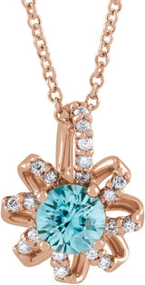 14K Gold Round Natural Blue Zircon & Natural Diamond Halo-Style Necklace or Pendant - Rose Gold