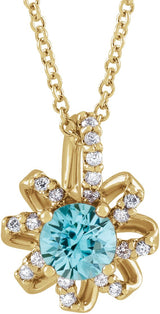 14K Gold Round Natural Blue Zircon & Natural Diamond Halo-Style Necklace or Pendant - Yellow Gold