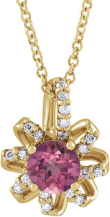 14K Gold Round Natural Pink Tourmaline & Natural Diamond Halo-Style Necklace or Pendant – 0.07 CTW - Yellow Gold