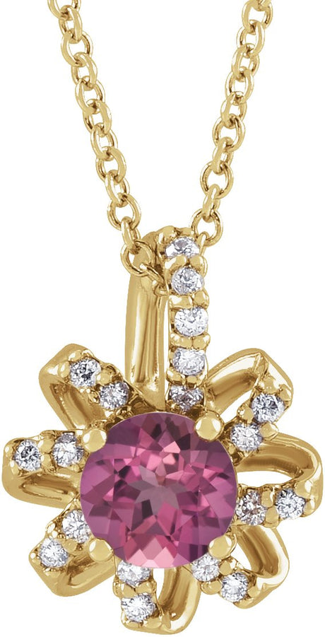 14K Gold Round Natural Pink Tourmaline & Natural Diamond Halo-Style Necklace or Pendant – 0.07 CTW - Yellow Gold