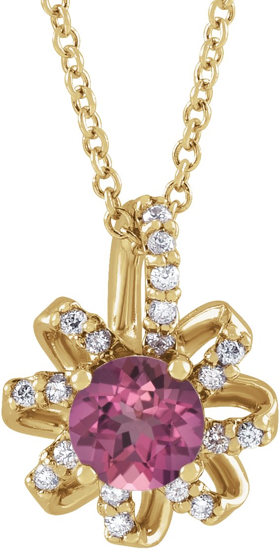 14K Gold Round Natural Pink Tourmaline & Natural Diamond Halo-Style Necklace or Pendant – 0.07 CTW - Yellow Gold