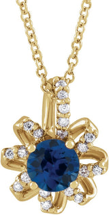 14K Gold Round Natural Blue Sapphire & Natural Diamond Halo-Style Necklace or Pendant – 0.07 CTW - Yellow Gold