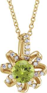 14K Gold Round Natural Peridot & Natural Diamond Halo-Style Necklace or Pendant - Yellow Gold