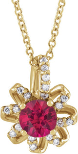 14K Gold Round Natural Ruby & Natural Diamond Halo-Style Necklace or Pendant - Yellow Gold