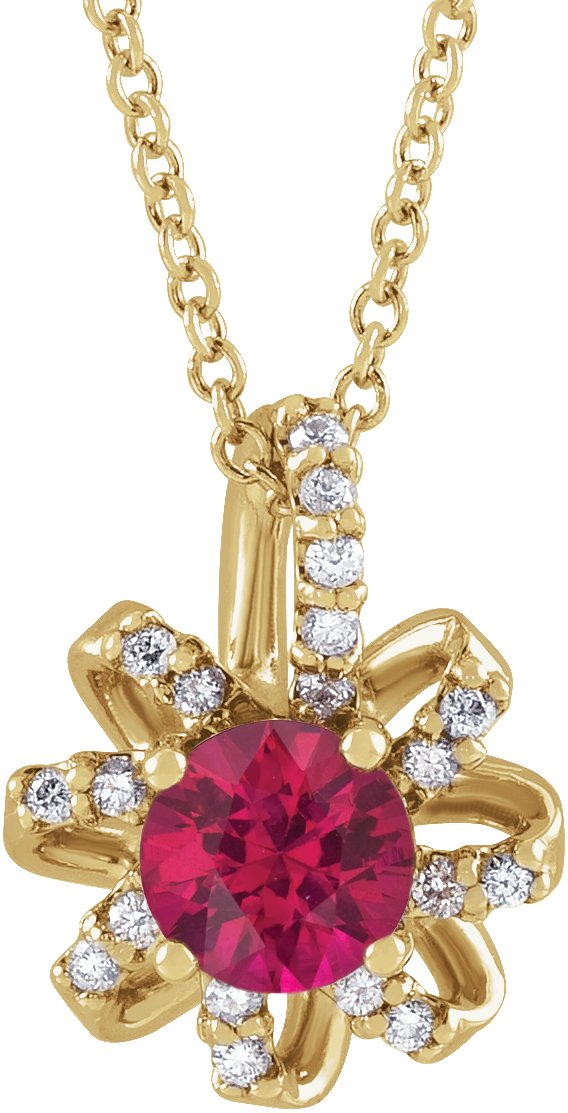 14K Gold Round Natural Ruby & Natural Diamond Halo-Style Necklace or Pendant - Yellow Gold