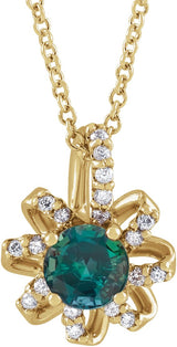 14K Gold Round Lab-Grown Alexandrite & Natural Diamond Halo-Style Necklace or Pendant – 0.07 CTW - Yellow Gold