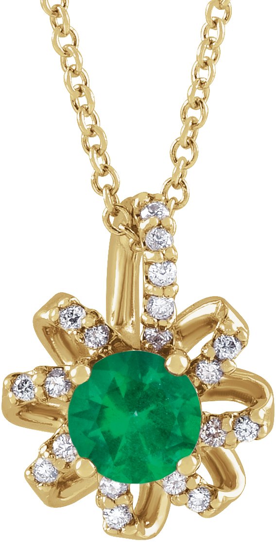 14K Gold Round Lab-Grown Emerald & Natural Diamond Halo-Style Necklace or Pendant – 0.07 CTW - Yellow Gold