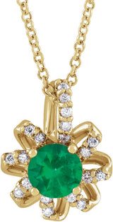 14K Gold Round Natural Emerald & Natural Diamond Halo-Style Necklace or Pendant - Yellow Gold