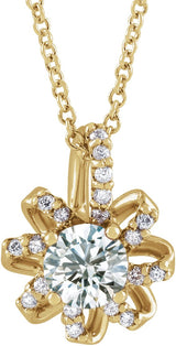14K Gold Round Natural White Sapphire & Natural Diamond Halo-Style Necklace or Pendant – 0.07 CTW - Yellow Gold