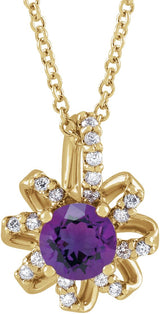 14K Gold Round Natural Amethyst & Natural Diamond Halo-Style Necklace or Pendant – 0.07 CTW - Yellow Gold