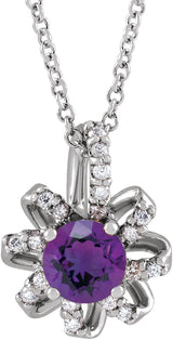 14K Gold Round Natural Amethyst & Natural Diamond Halo-Style Necklace or Pendant – 0.07 CTW - White Gold