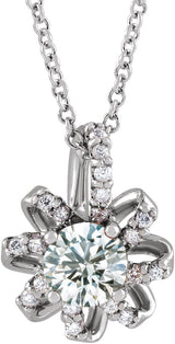 14K Gold Round Natural White Sapphire & Natural Diamond Halo-Style Necklace or Pendant – 0.07 CTW - White Gold