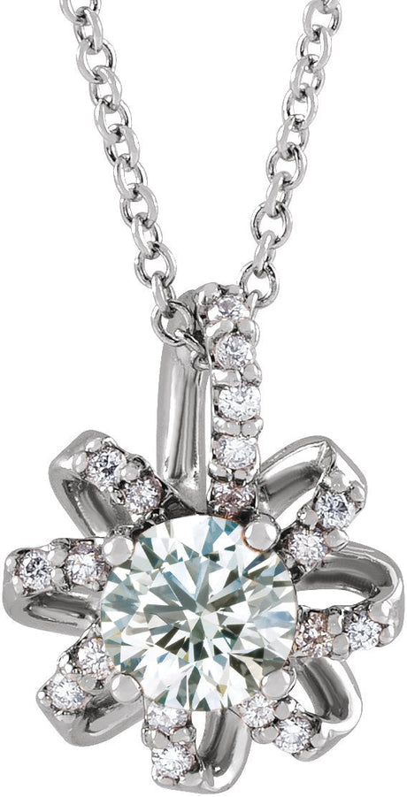 14K Gold Round Natural White Sapphire & Natural Diamond Halo-Style Necklace or Pendant – 0.07 CTW - White Gold