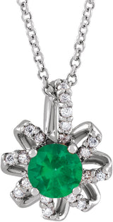 Platinum Round Natural Emerald & Natural Diamond Halo-Style Necklace or Pendant