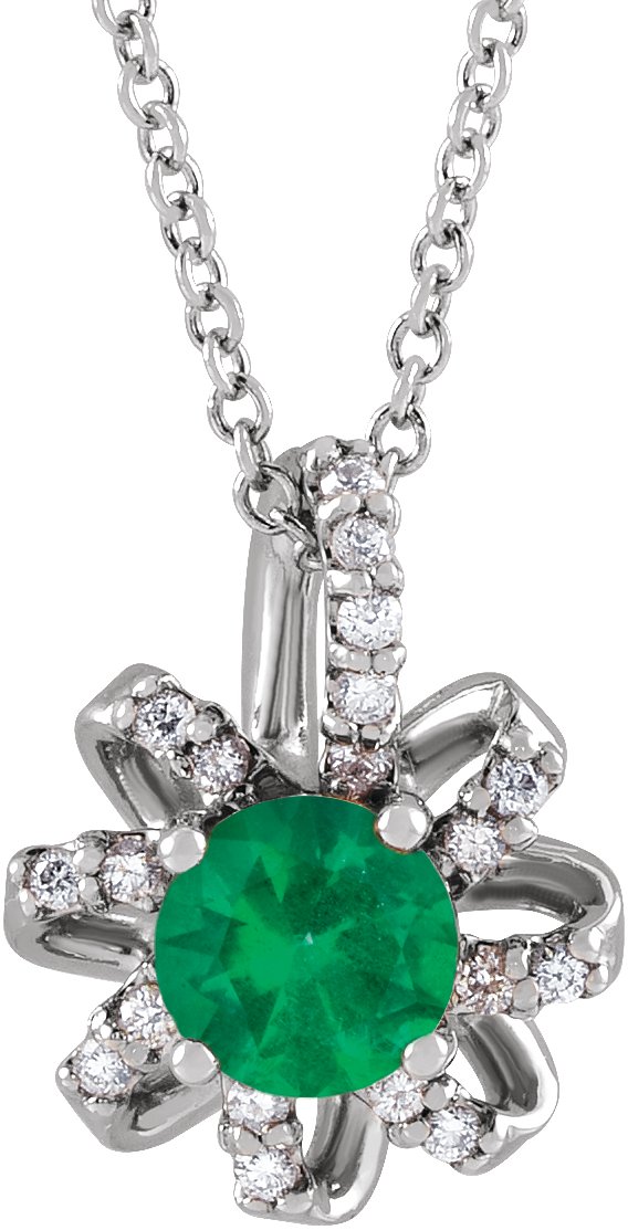 Platinum Round Natural Emerald & Natural Diamond Halo-Style Necklace or Pendant