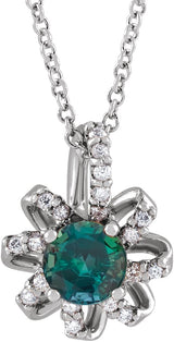 14K Gold Round Lab-Grown Alexandrite & Natural Diamond Halo-Style Necklace or Pendant – 0.07 CTW - White Gold