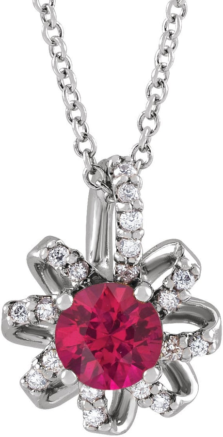 14K Gold Round Lab-Grown Ruby & Natural Diamond Halo-Style Necklace or Pendant - White Gold