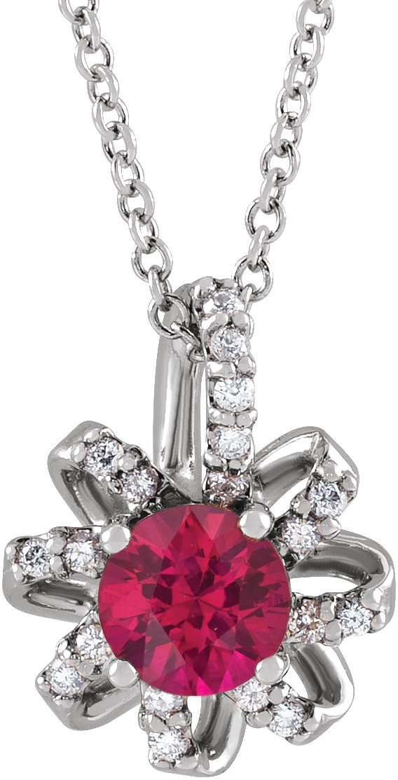 14K Gold Round Natural Ruby & Natural Diamond Halo-Style Necklace or Pendant - White Gold
