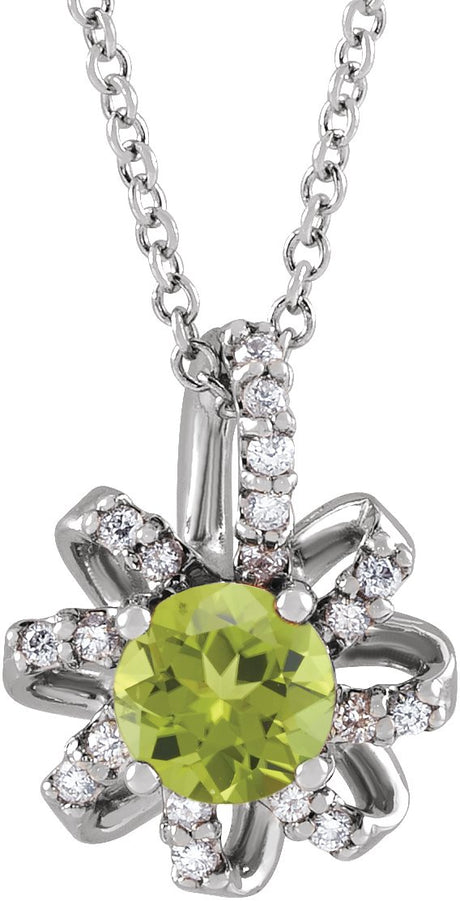 Platinum Round Natural Peridot & Natural Diamond Halo-Style Necklace or Pendant