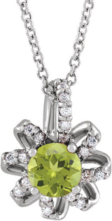 14K Gold Round Natural Peridot & Natural Diamond Halo-Style Necklace or Pendant - White Gold