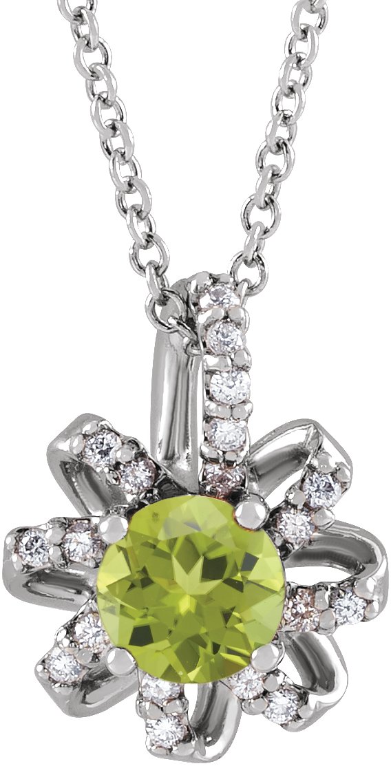 14K Gold Round Natural Peridot & Natural Diamond Halo-Style Necklace or Pendant - White Gold