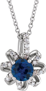 14K Gold Round Lab-Grown Blue Sapphire & Natural Diamond Halo-Style Necklace or Pendant – 0.07 CTW - White Gold