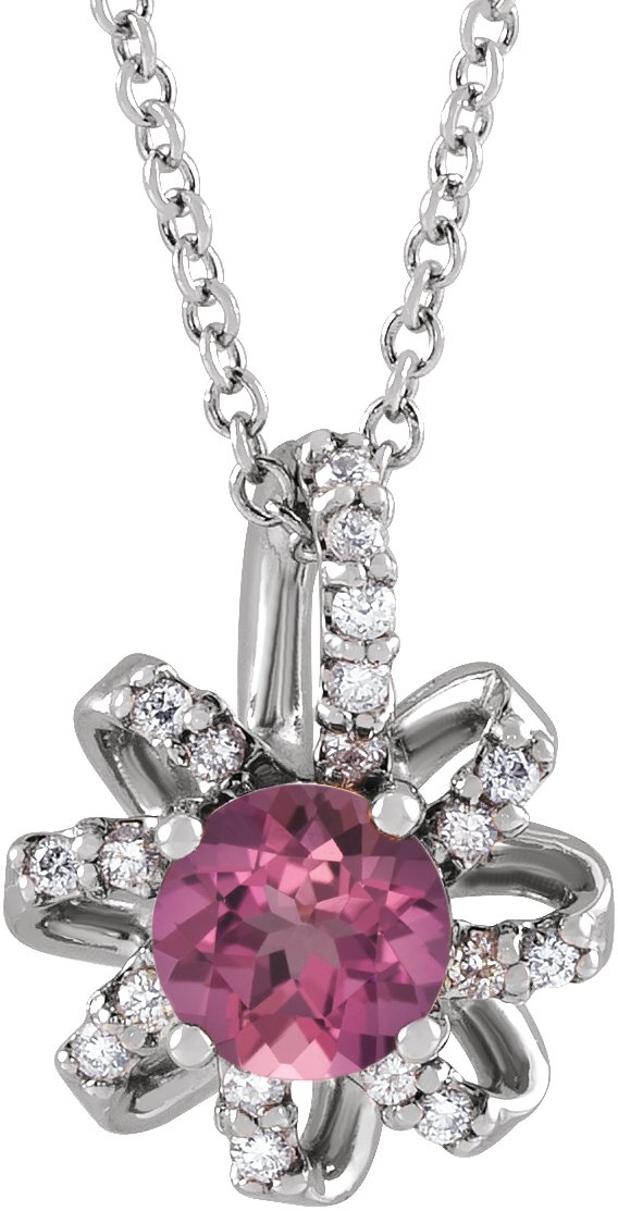 14K Gold Round Natural Pink Tourmaline & Natural Diamond Halo-Style Necklace or Pendant – 0.07 CTW - White Gold