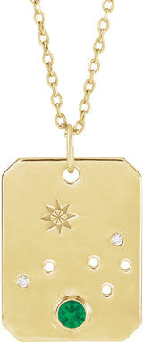 14K Gold Round Natural Emerald & Natural Diamond Aries Constellation Necklace or Pendant - Yellow Gold
